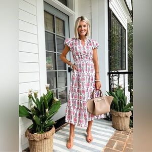 J.Crew printed v neck puff sleeve block print maxi dress